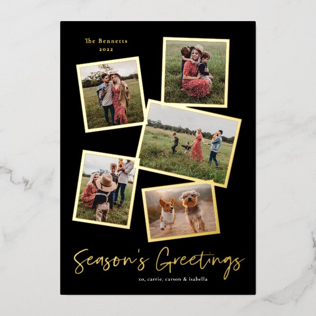 Simple Script Season's Greetings 5 Photo Collage Foil Holiday Card (Front)