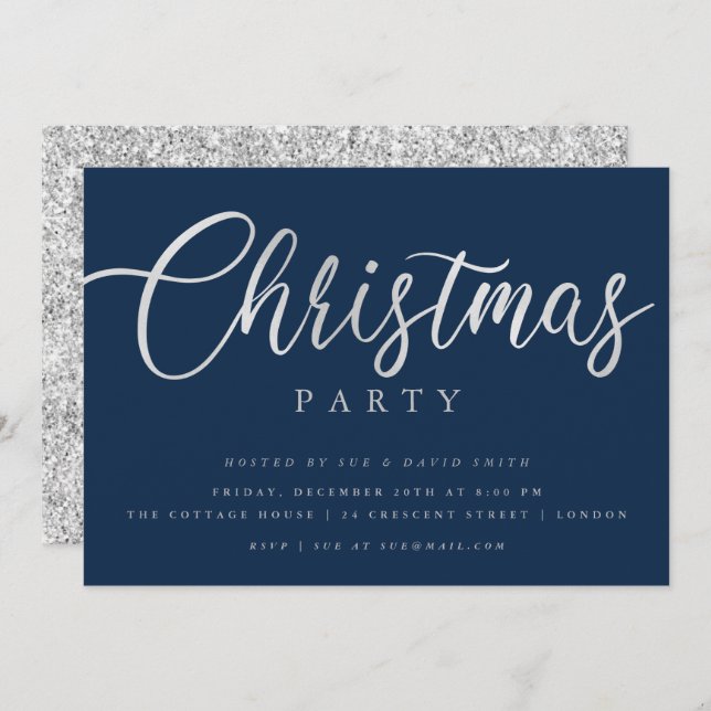 Simple Script Silver Navy Minimal Christmas Party Invitation (Front/Back)
