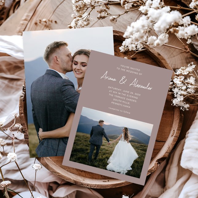 Simple Script Taupe Two Photo Wedding Invitation (Creator Uploaded)