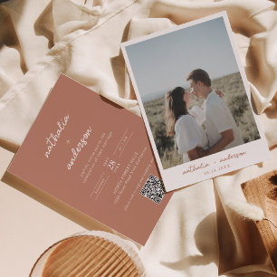 Simple Script Terracotta Photo QR Code Wedding Invitation