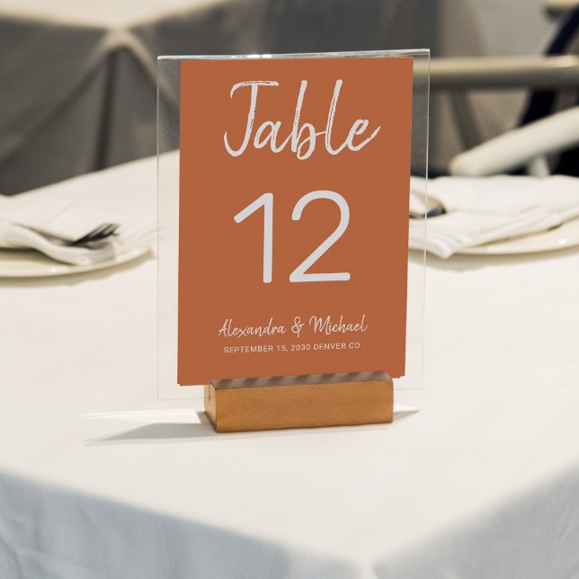 Simple script terracotta wedding table number (Creator Uploaded)