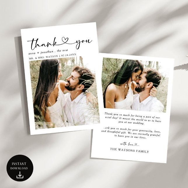 Simple Script Text and Photo Wedding Thank You Card (Creator Uploaded)