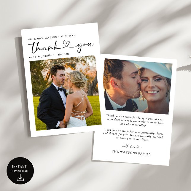 Simple Script Text and Photo Wedding Thank You Card (Creator Uploaded)