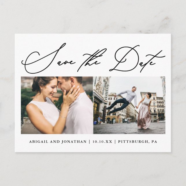 Simple Script Two Photo Modern Save the Date Invitation Postcard (Front)