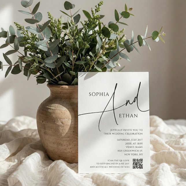 Simple Script Typography QR Code White Wedding Invitation (Creator Uploaded)