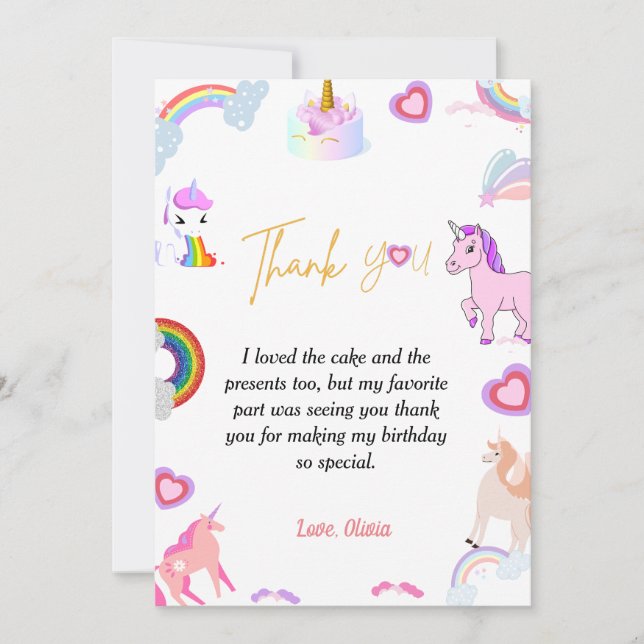 Simple script unicorn birthday thank you card (Front)