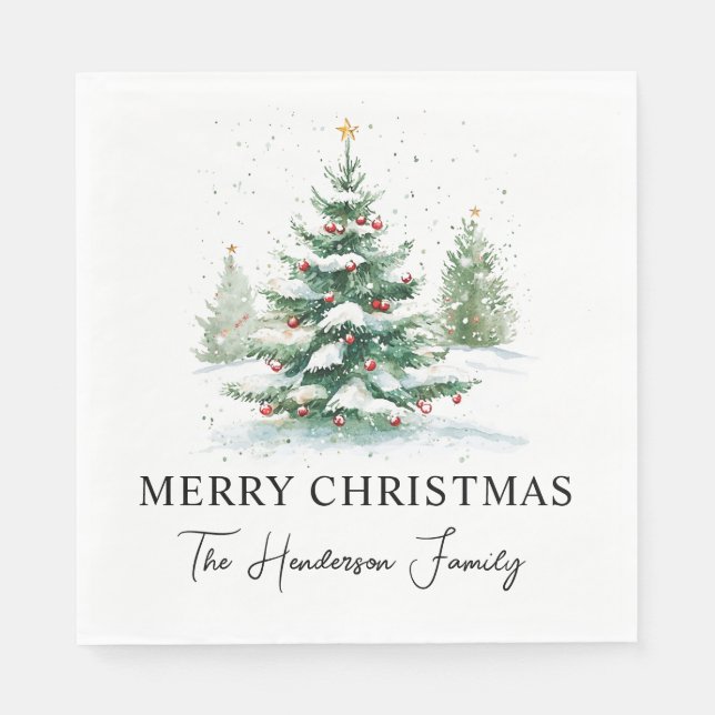 Simple Script Watercolor Christmas Tree Napkin (Front)