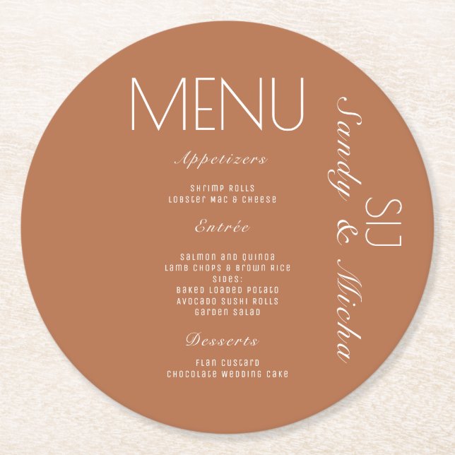 Simple Script  Wedding Dinner Menu Terracotta Round Paper Coaster (Front)