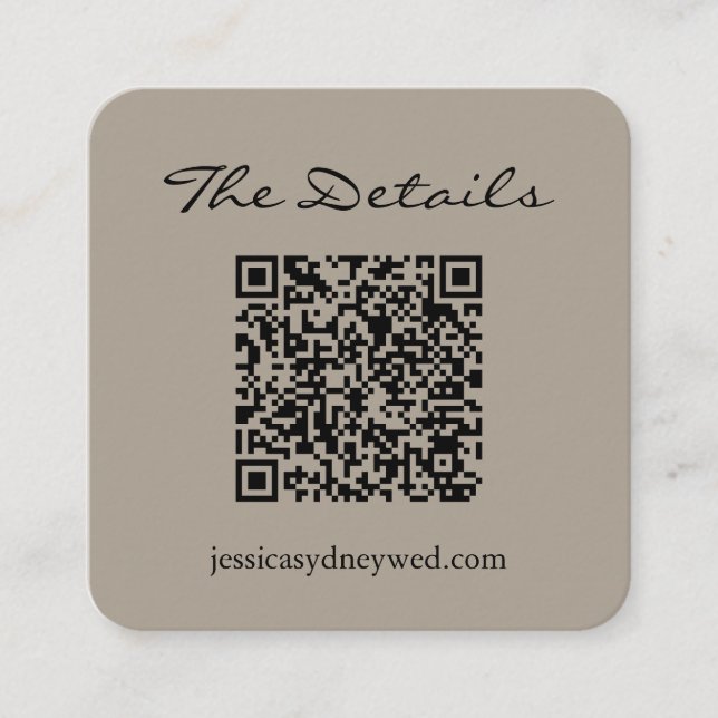 Simple Script Wedding RSVP Details QR Code Taupe Enclosure Card (Front)