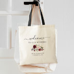 Simple Script Welcome Floral Wedding Tote Bag<br><div class="desc">Simple welcome modern calligraphy and classic typography for wedding tote bag with burgundy and blush floral.</div>