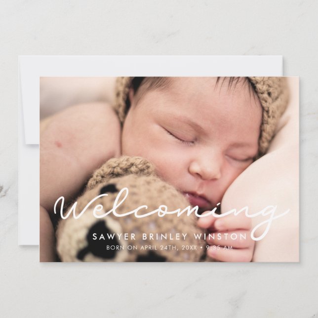 Simple script Welcoming baby photo birth Announcement (Front)