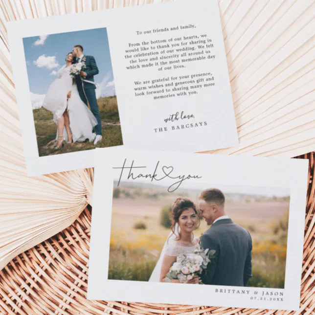 Simple Script with Heart Wedding Photo Thank You Card | Zazzle