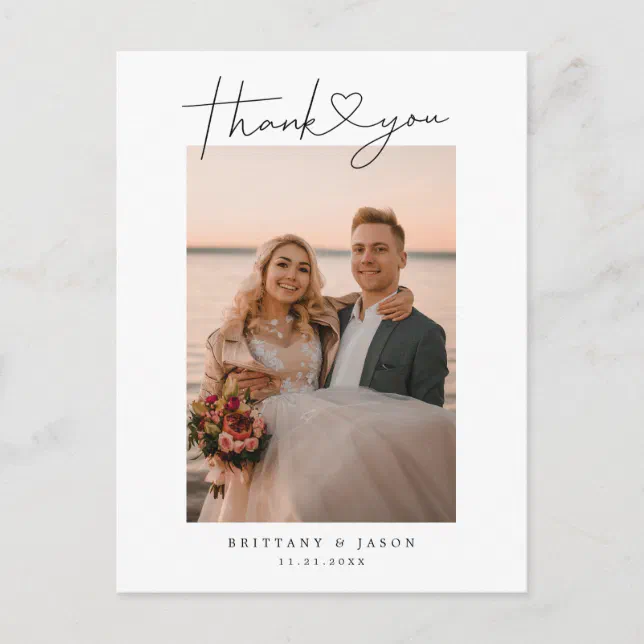 Simple Script with Heart Wedding Thank You Photo Postcard | Zazzle