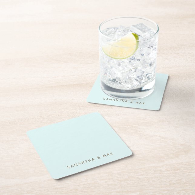 Simple Seafoam Personalised Modern Wedding Square Paper Coaster (Insitu)