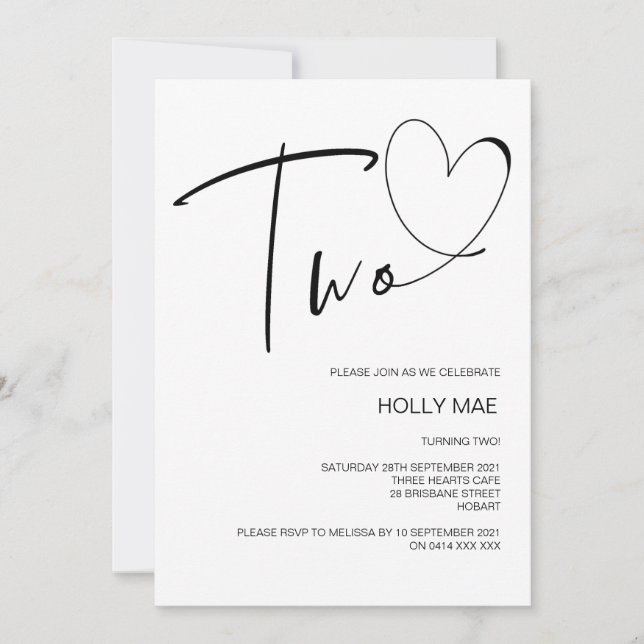 Simple Second Birthday Invitation Two Heart Gold (Front)