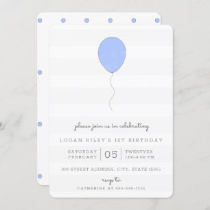 Simple Shabby Chic Blue and Grey Balloon Birthday Invitation
