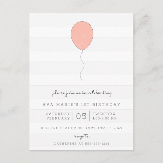 Simple Shabby Chic Grey and Pink Balloon Birthday Postcard (Front)