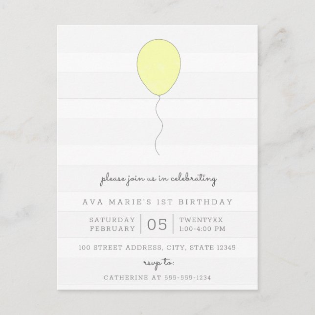 Simple Shabby Chic Grey & Yellow Balloon Birthday Postcard (Front)