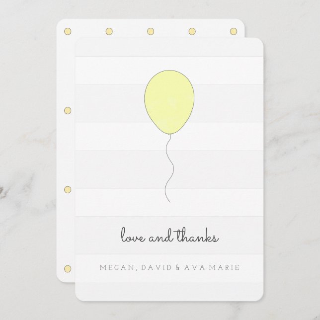 Simple Shabby Chic Grey & Yellow Balloon Birthday Thank You Card (Front/Back)