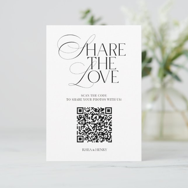 Simple Share the Love Wedding QR Code Card (Standing Front)