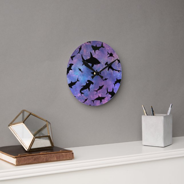 Simple shark fish jaws whale ocean galaxy pattern round clock (Office)