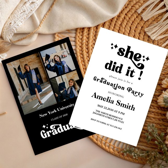 SImple She Did It  Graduation Party Three photo  Invitation (Creator Uploaded)