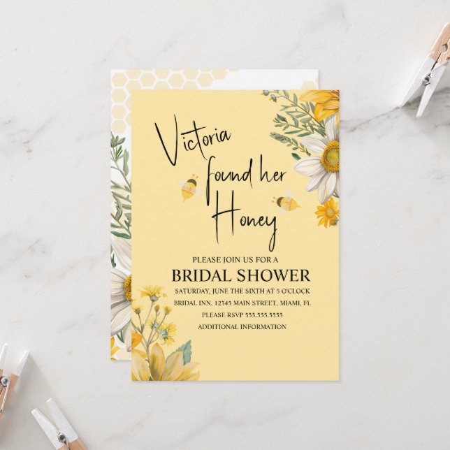 Simple She’s Found Her Honey Bee Bridal Shower Invitation (Front/Back In Situ)