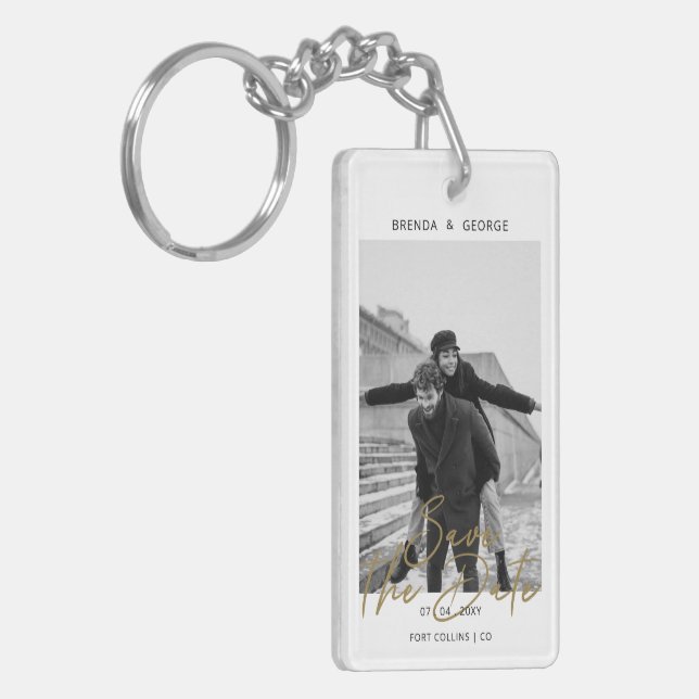 Simple Signature Minimalist Photo Save the Date Key Ring (Front Left)