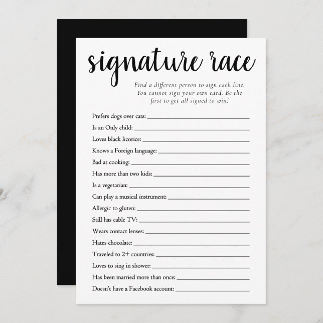 Simple Signature Race | Black and White Game Card (Front/Back)