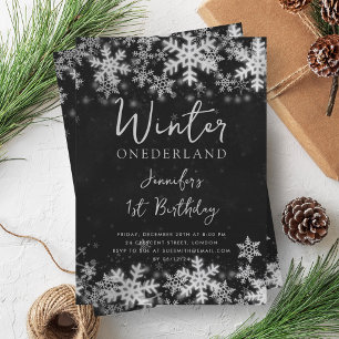 Simple Silver Black Winter ONEDERLAND 1st Birthday Invitation