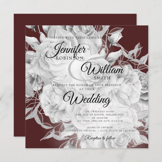 Simple Silver & Burgundy Elegant Floral Wedding (Front/Back)