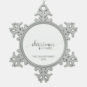 Simple Silver Calligraphy Holiday Snowflake Pewter Christmas Ornament