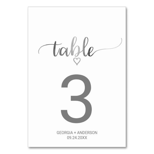 Simple Silver Calligraphy Wedding Table Number (Front)