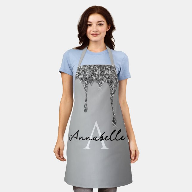 Simple Silver Drip Initial Modern Monogrammed  Apron (Worn)