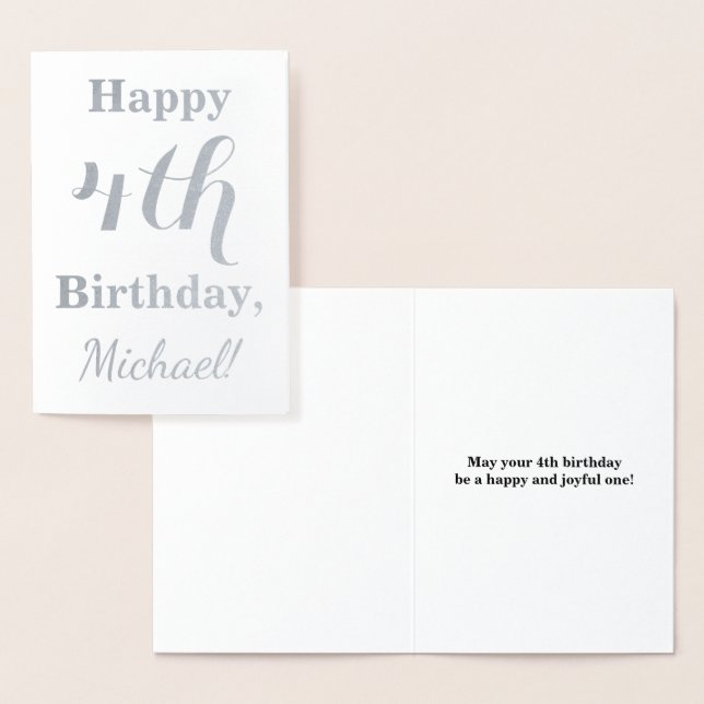 Simple Silver Foil 4th Birthday + Custom Name Foil Card (Display)