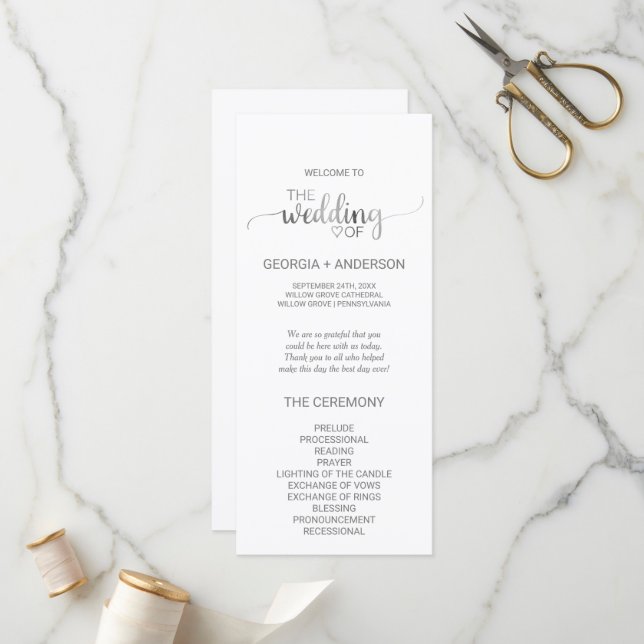 Simple Silver Foil Calligraphy Wedding Program (Front/Back In Situ)