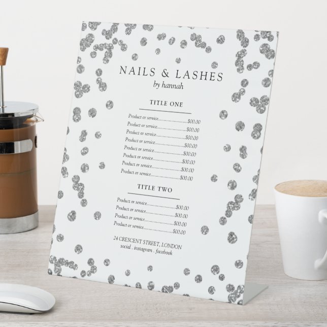 Simple Silver Glam Glitter Confetti Price Menu Pedestal Sign (In SItu)
