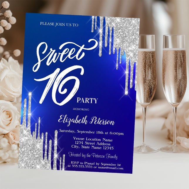 Simple Silver Glitter Drips Blue Sweet 16  Invitation (Creator Uploaded)