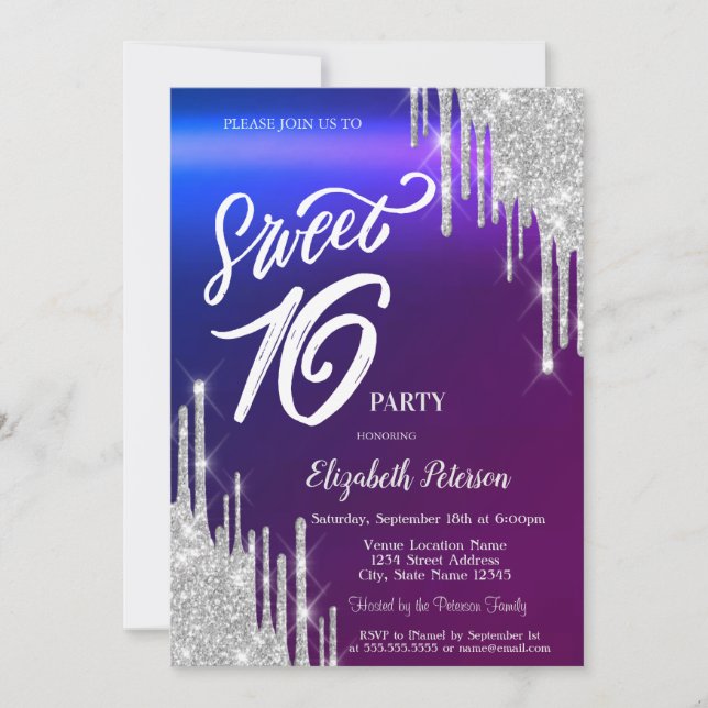 Simple Silver Glitter Drips Ombre Sweet 16  Invitation (Front)