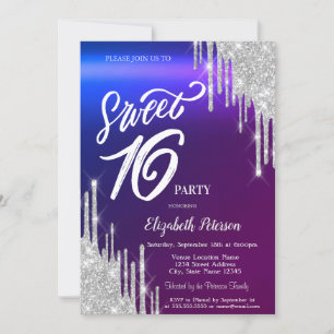 Simple Silver Glitter Drips Ombre Sweet 16  Invitation