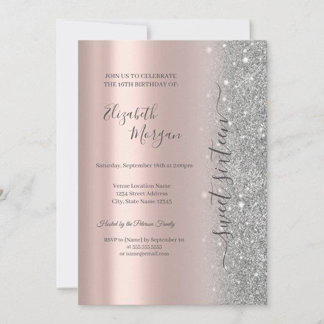 Simple Silver Glitter Rose Gold Sweet 16 Invitation (Front)