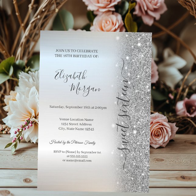 Simple Silver Glitter Silver Sweet 16 Invitation (Creator Uploaded)