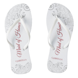 Simple Silver Lace & Red Maid of Honour Wedding Thongs