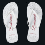 Simple Silver Lace & Red Script Bridesmaid Wedding Thongs<br><div class="desc">These elegant wedding flip flops are a great way to thank and recognise your bridesmaids, while giving their feet a rest after a long day. The beautiful design features an elegant design with silver grey lace frills on a white background and fancy crimson red script lettering. The test reads Bridesmaid...</div>