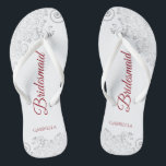 Simple Silver Lace & Red Script Bridesmaid Wedding Thongs<br><div class="desc">These elegant wedding flip flops are a great way to thank and recognise your bridesmaids, while giving their feet a rest after a long day. The beautiful design features an elegant design with silver grey lace frills on a white background and fancy crimson red script lettering. The test reads Bridesmaid...</div>