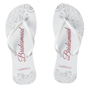 Simple Silver Lace & Red Script Bridesmaid Wedding Thongs