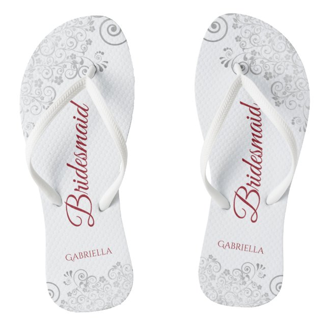 Simple Silver Lace & Red Script Bridesmaid Wedding Thongs (Footbed)
