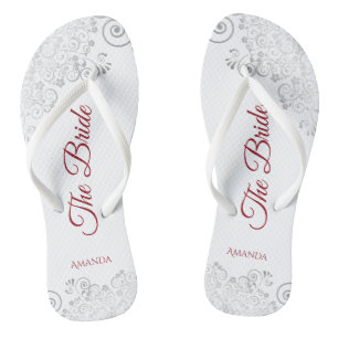 Simple Silver Lace & Red Script The Bride Wedding Thongs