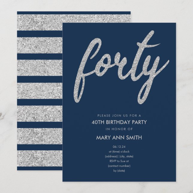 Simple Silver Navy Glitter 40th Birthday Party Invitation (Front/Back)