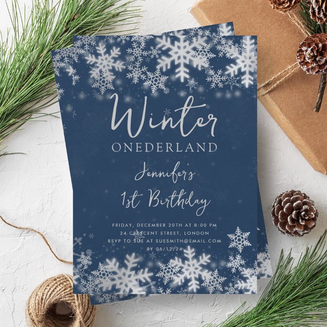 Simple Silver Navy Winter ONEDERLAND 1st Birthday Invitation (Simple Silver Navy Winter ONEDERLAND 1st Birthday Invitation)